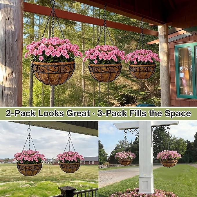 10 Inch Hanging Baskets for Plants Outdoor, 3 Pack Metal Wire Hanging Planters - Image 3