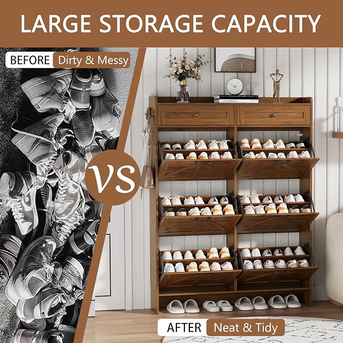 Shoe Cabinet with 6 Flip Drawers & 2 Top Drawers, Hidden Slim Shoe Rack - Image 6