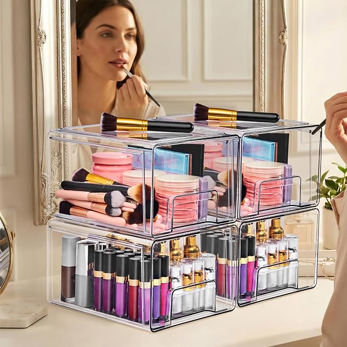 Sorbus Large Clear Stackable Storage Drawers 4-Pack Plastic Organizer Bins - Image 2