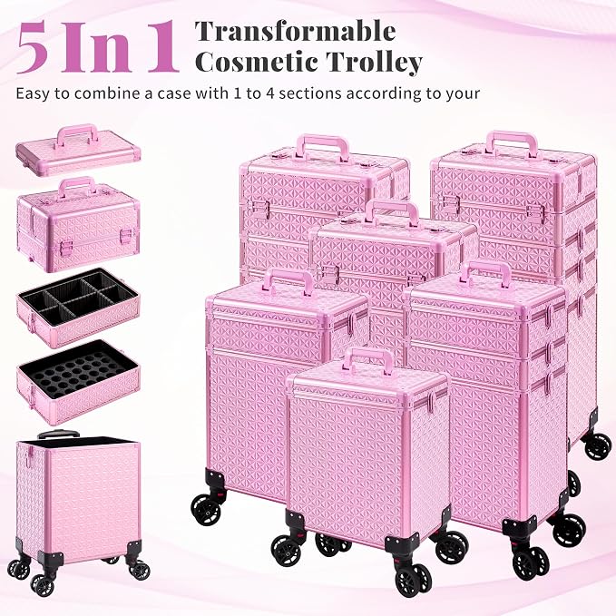 AROUS 5 in 1 Rolling Makeup Train Case Cosmetology Case on Wheels Large - Image 2