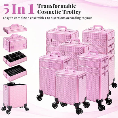 AROUS 5 in 1 Rolling Makeup Train Case Cosmetology Case on Wheels Large - Image 2