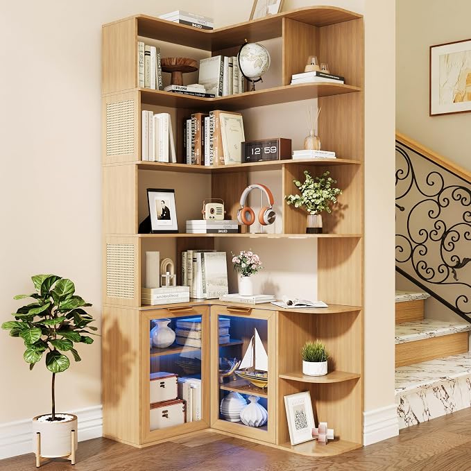 Corner Shelf with Storage Cabinet, 7-Tier Corner Bookshelf, Farmhouse L Shaped by WildhomeYourHomeFurnishingSolution
