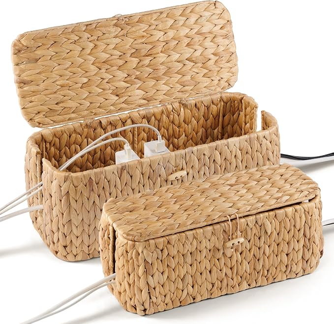 Large Cable Management Box, Natural Rattan Cable Cord Organizer Boxes by BLUEWEST