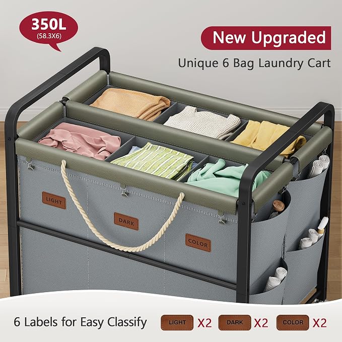 Tajsoon 350L Extra Large Laundry Cart 6 Section, Heavy Duty Laundry Sorter - Image 3