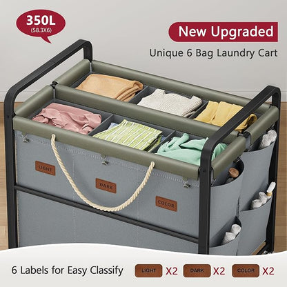 Tajsoon 350L Extra Large Laundry Cart 6 Section, Heavy Duty Laundry Sorter - Image 3