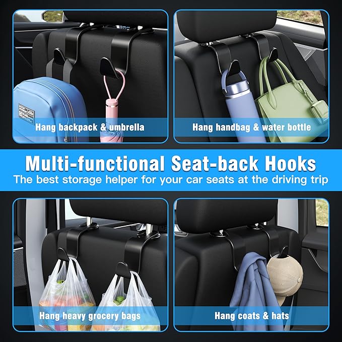 Amooca 4-Pack Car Headrest Hooks –Holds 55lbs Vehicle Storage Organizer - Image 3