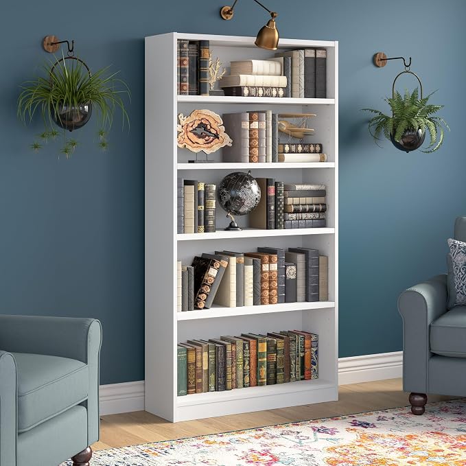 Bush Furniture Universal Tall 5 Shelf Bookcase in White, Vertical Storage and - Image 2