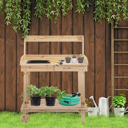 Potting Bench Table, 36 in Wooden Garden Work Table - Image 3