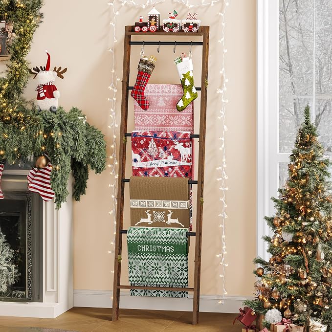 Blanket Ladder Shelf, Decorative Quilt Rack, 7-Tier Farmhouse Ladder Holder by Hzuaneri