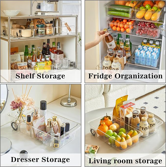 MANO 2 Pack Divided Rolling Refrigerator Tray Clear Roll Out Fridge Caddy - Image 5