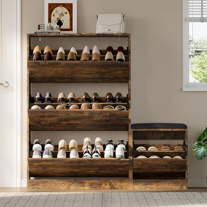 BORNOON Shoe Cabinet with Bench and 3 Flip Drawers, Slim Narrow Shoe Storage - Image 7