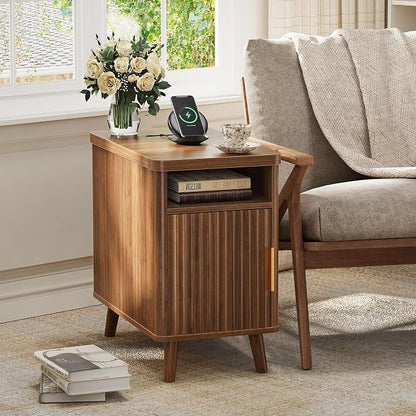 Huuger Narrow End Table with Charging Station, USB-C Port, Fluted Nightstand - Image 2