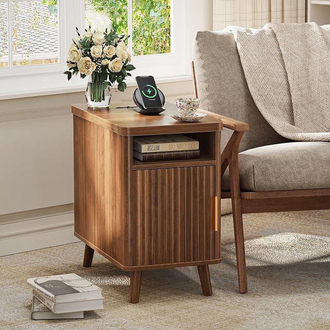 Huuger Narrow Nightstand with Charging Station, USB-C Port, Fluted End Table - Image 8