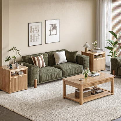 Fluted Nightstand with Charging Stations, 23.6" Wide Natural Oak Nightstand - Image 3