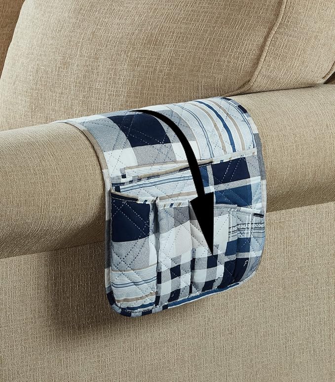Brilliant Sunshine Multi Blue Plaids and Stripes Patchwork Sofa Armrest 5 - Image 3