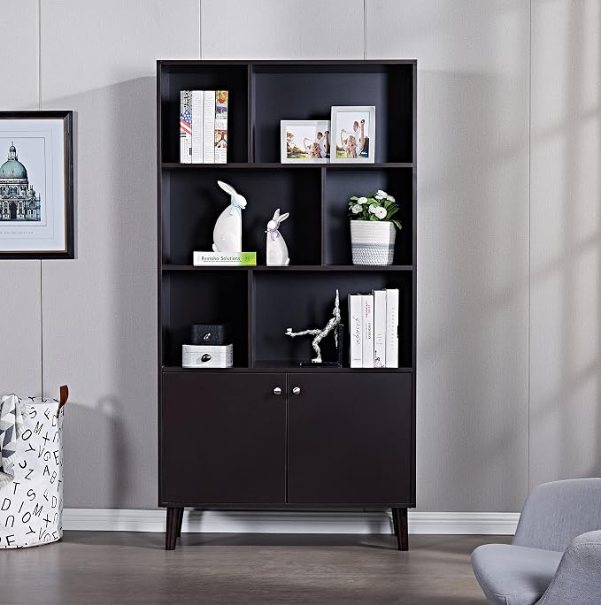 67 in Bookcase with Doors, 3-Tier Bookshelf Farmhouse Bookcases Wooden Deep by DiMorture
