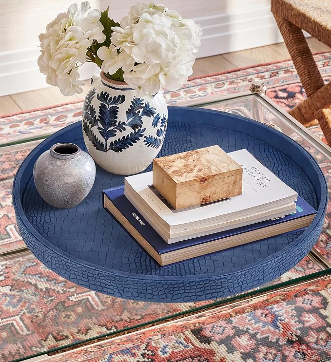 HofferRuffer Round Serving Tray 20'', Elegant Faux Leather Circle Ottoman Table - Image 6