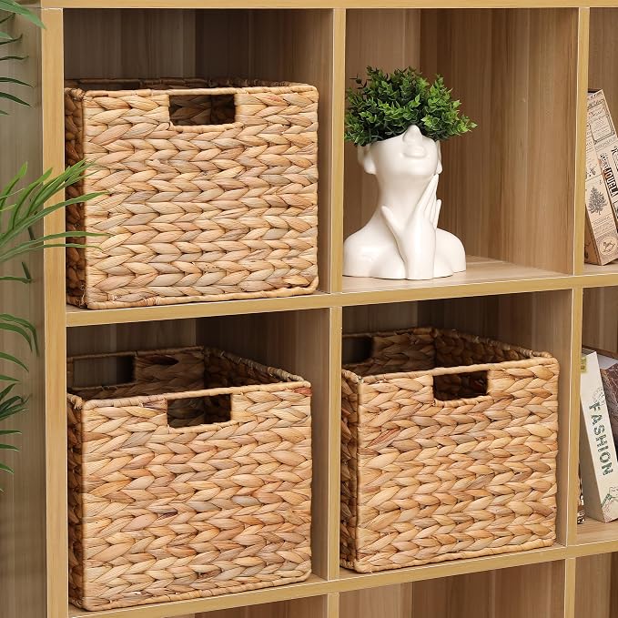 12x12x10 Water Hyacinth Storage Basket Large, Folding Cube Woven Wicker Storage - Image 6