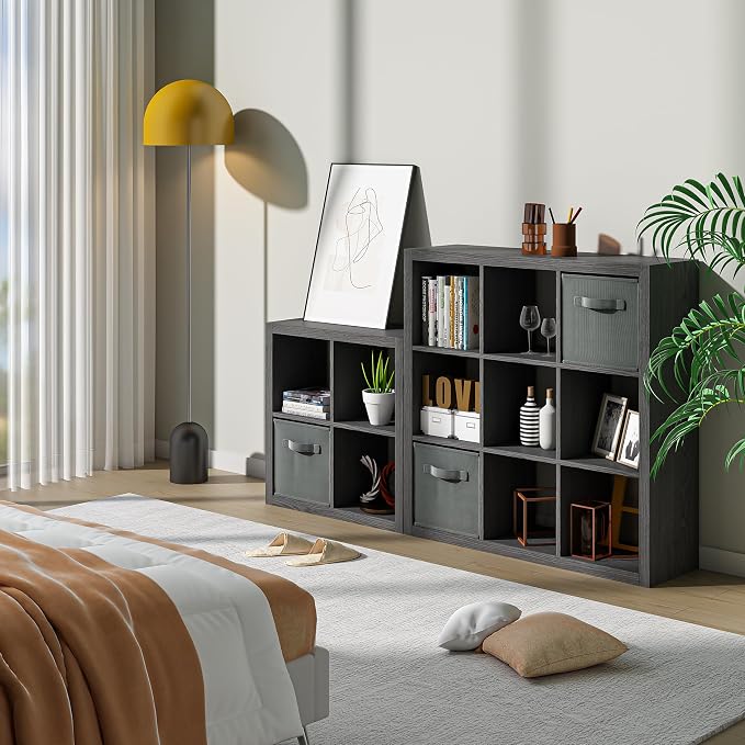 Bookshelf with Storage Bin, 4-Cube Storage Organizer, Modern Wood Open Bookcase - Image 4