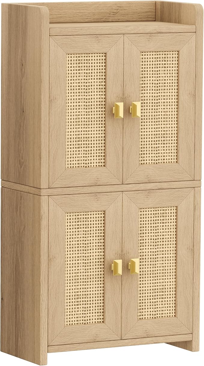 Akxomel 15" Rattan Small Bathroom Cabinet 4 Doors Adjustable Shelf Oak | - Image 7