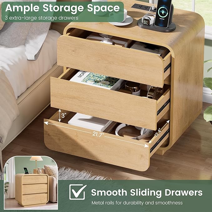 Modern Nightstand Set of 2, 23.2" Large Wood Night Stand - Image 5