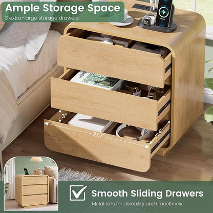 Natural Curved Nightstand Set of 2, 23.2" Large Wood Bedside Table - Image 5
