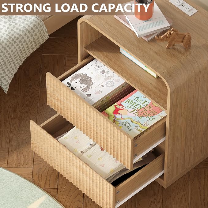 Dresser with 2 Drawers and Charging Station, Fluted Bedside Table with Round - Image 3