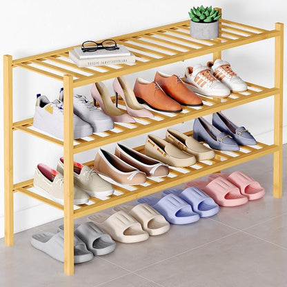 Smiry Bamboo Shoe Rack for Closet, 3 Tier Long Wooden Stackable Shoe Organizer by Smiry