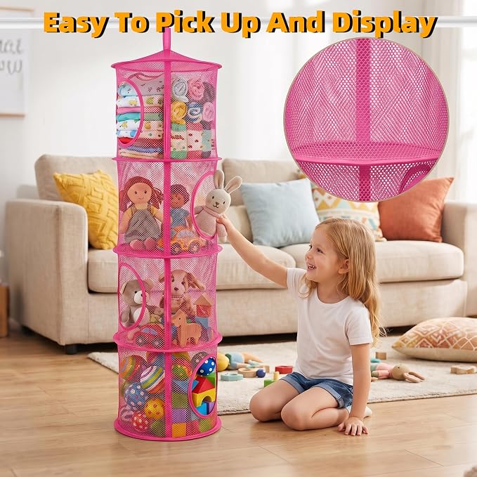 Hanging Stuffed Animal Storage Hammock Net 4 Tiers, Hot Pink | Hanging Mesh - Image 5