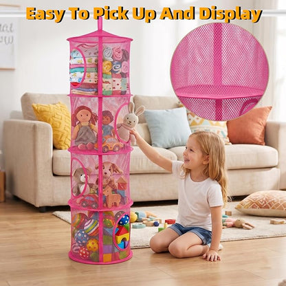Hanging Stuffed Animal Storage Hammock Net 4 Tiers, Hot Pink | Hanging Mesh - Image 5