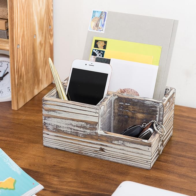 MyGift TV Remote Control Holder, Wood Desktop Office Stationery Organizer Tray - Image 2