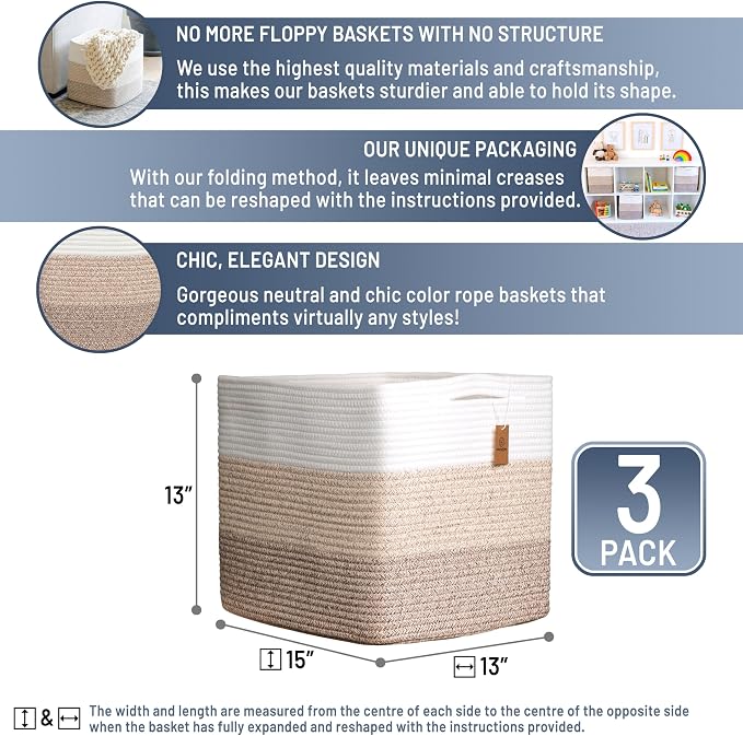 NaturalCozy 13x15x13 Kallax Storage Cubes Bins, 3 Pack | Cotton Rope Cube - Image 2