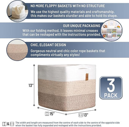 NaturalCozy 13x15x13 Kallax Storage Cubes Bins, 3 Pack | Cotton Rope Cube - Image 2