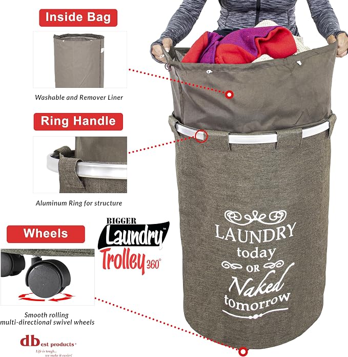 dbest products Bigger Laundry Trolley 360 Rolling Hamper Basket on wheels Bag - Image 3