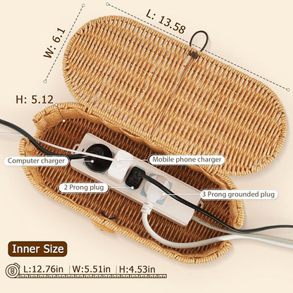 Cable Management Box, Handwoven Faux Rattan Cord Organizer Box - Image 2