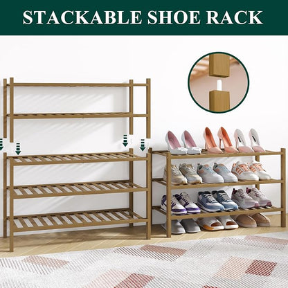 Smiry Bamboo Shoe Rack for Closet, 2 Tier Wooden Stackable Shoe Organizer - Image 4