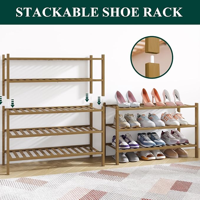 Smiry Bamboo Shoe Rack for Closet, 5 Tier Wooden Stackable Shoe Organizer - Image 4