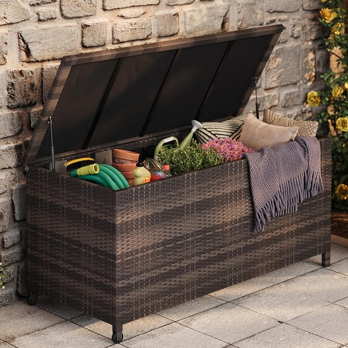 125 Gallon Large Deck Box Waterproof PE Rattan Outdoor Storage Box by Garvee