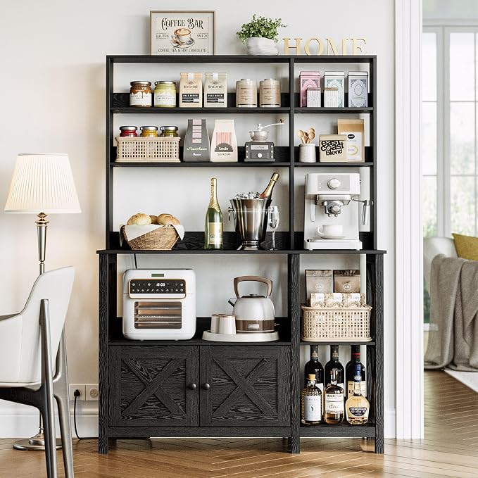 IRONCK Bakers Rack with Power Outlet, 45in Wide Coffee Bar Cabinet with Storage - Image 7