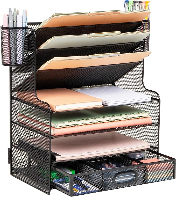 Mind Reader Mesh Desk Organizer, 6 Compartments, 1 Drawer, 2 Pen Cups, Office by MindReader