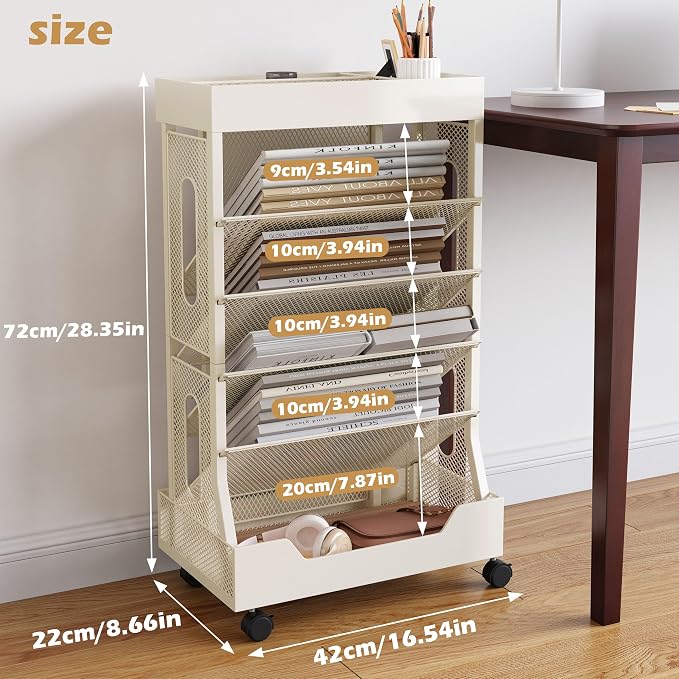 Book Cart with Wheels Mobile Bookshelf Rolling Bookshelf Organizer Bookcase - Image 6