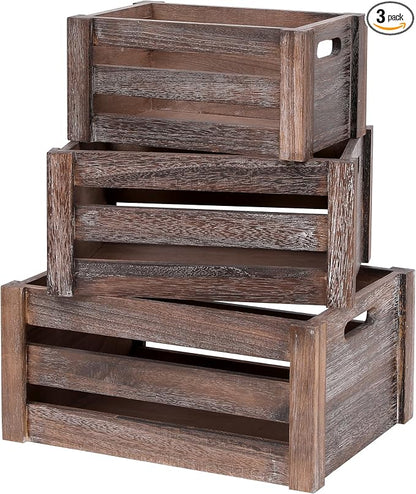 Set of 3 Nesting Wooden Crates, Small Rustic Farmhouse Wood Storage Boxes by Unknown
