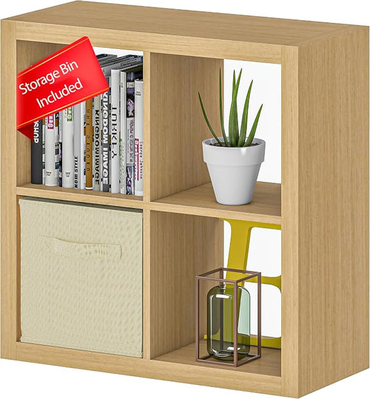 furtble Bookshelf with Storage Bin, 4-Cube Storage Organizer, Modern Wood Open by furtble