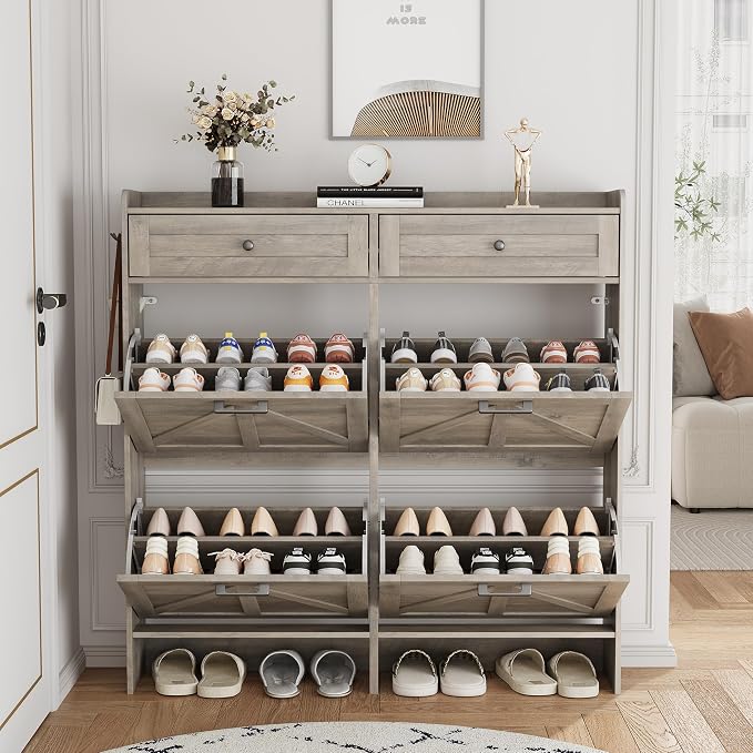 Shoe Cabinet with 4 Flip Drawers & 2 Top Drawers, Hidden Slim Shoe Rack - Image 8