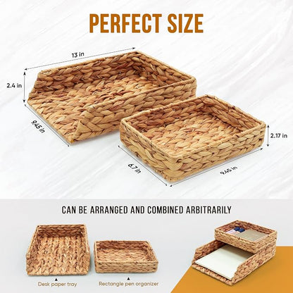 HAMOTOPI Desk Organizer Letter Tray Set of 2, Woven Water Hyacinth Tabletop - Image 2