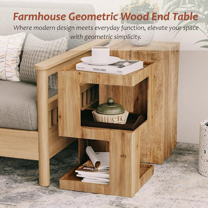 COZAYH Farmhouse Geometric Wood End Table, Distressed Accent Side Table - Image 3