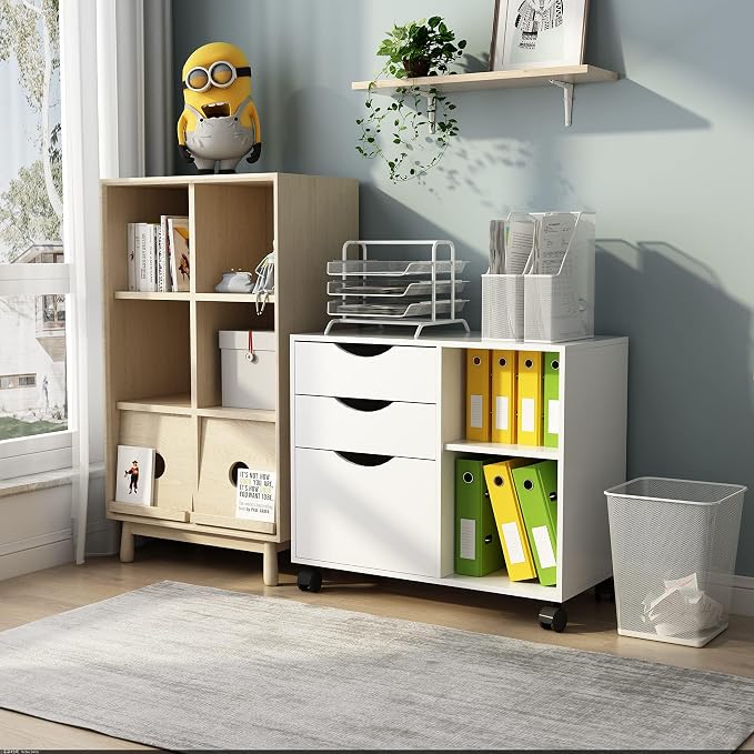QDSSDECO 3-Drawer with Shelf Wood File Cabinet Mobile Lateral Filing Cabinet - Image 7