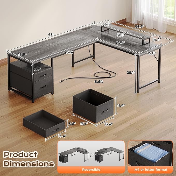 PRAISUN 63 Inch L Shaped Desk - Image 2