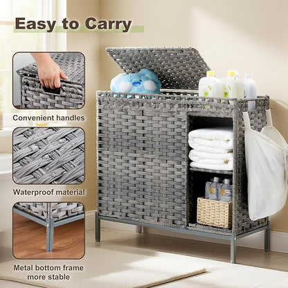 Laundry Hamper with Lid, 110L Rattan Laundry Hamper 2 Section with 50L Storage - Image 7