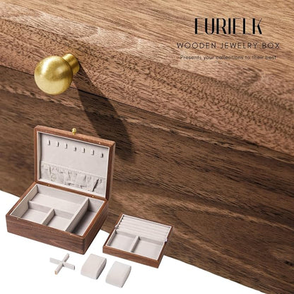 Wooden Jewelry Box, Two Layer Medium Size Real Natural Solid Walnut Wood - Image 6